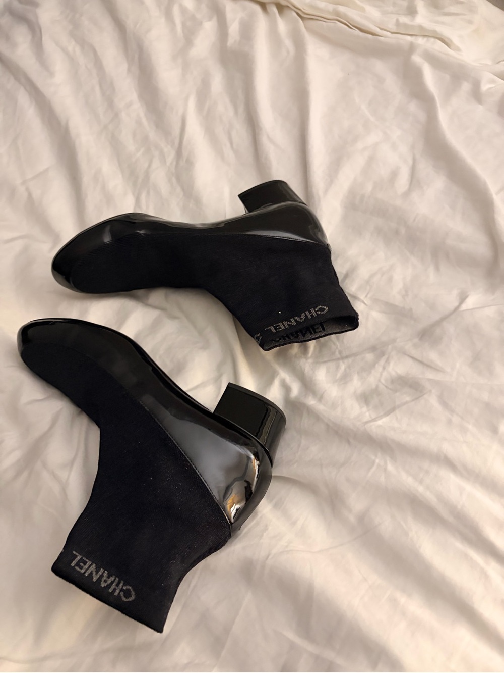 CHANEL Black Patent Leather & Knit Sock Ankle Boots